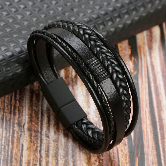 3/$35 Men's Black Multi-Layer Braided Leather Bracelet Magnetic Clasp Urban Bike - Picture 5 of 6